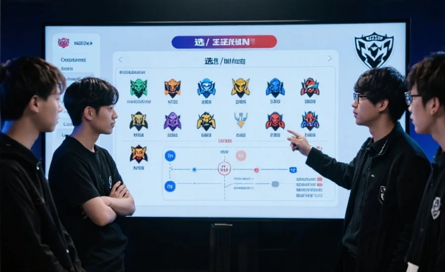 一张电竞分析师在战术板前讲解，屏幕上显示着选/禁英雄和战队阵容图表